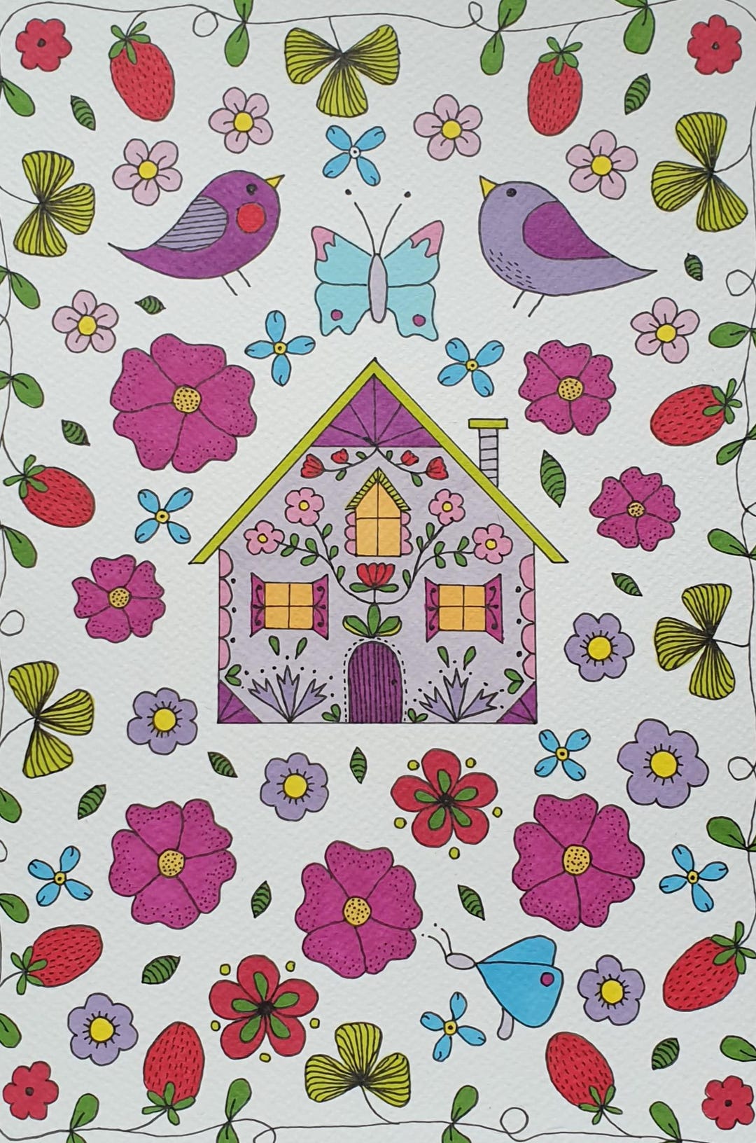 House and Flowers A4 Folk Art Print - Etsy