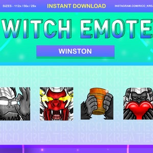Peut inclure: Quatre émoticônes Twitch représentant un gorille de dessin animé dans différentes poses. Les émoticônes sont intitulées "Winston". Le gorille porte des lunettes et une blouse de laboratoire, tient un pot de beurre de cacahuètes et tient un cœur rouge.