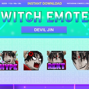 Puede incluir: Cuatro emotes de Twitch con un personaje de pelo negro y ojos rojos. Los emotes están etiquetados como "Hype", "REKT" y dos más. El texto "DEVIL JIN" está en la parte superior de la imagen.