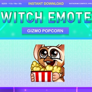 May include: Digital Twitch emote featuring a cartoon character holding a popcorn bucket. The emote is labeled "Gizmo Popcorn" and is set against a teal and purple gradient background. The image also includes text indicating sizes and an Instagram handle.