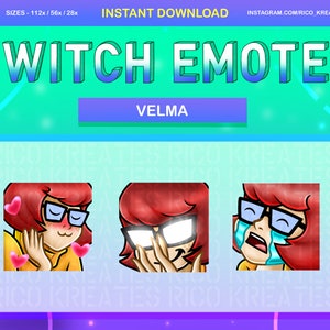 May include: Three Twitch emotes featuring a red-haired woman with glasses. The first emote shows her blushing with hearts around her. The second emote shows her covering her eyes with her hand. The third emote shows her crying with tears streaming down her face. The emotes are labeled "VELMA".