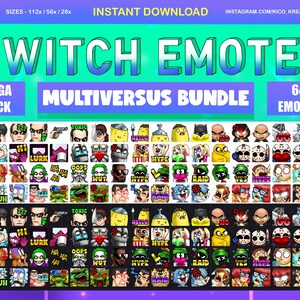 May include: A set of 64 Twitch emotes featuring characters from the Multiversus video game. The emotes are arranged in a grid and include a variety of expressions, such as "Hi", "Lurk", "Hype", "Raid", and "Yes".