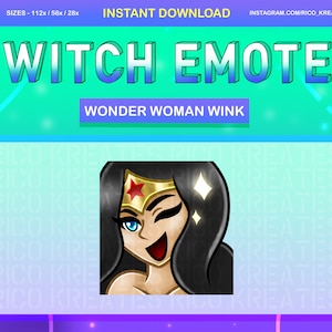 May include: A digital illustration of Wonder Woman winking with a sparkly background. The image is a Twitch emote.