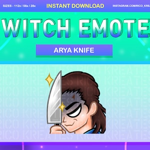 May include: A Twitch emote featuring a cartoon character with brown hair holding a silver knife. The character has a serious expression and is wearing a blue shirt. The background is a light blue with a pattern of the words "RICO KREATES".