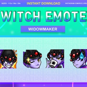 May include: Four Twitch emotes featuring a purple-skinned character with black hair and a spider-like headwear. The character has different expressions, including a smirk, a wink, a sip of coffee, and a sad face.