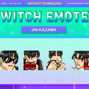 Può includere: Quattro emote Twitch con un personaggio dei cartoni animati con i capelli neri e diverse espressioni. Il personaggio indossa una camicia nera con un colletto rosso e una cintura bianca. Le emote sono etichettate "GG", "L" e due altre espressioni. Il testo "JIN KAZAMA" è visualizzato sopra le emote.