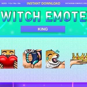 Puede incluir: Cuatro emoticonos de Twitch con un jaguar de dibujos animados con diferentes expresiones. Los emoticonos se titulan "KING". Los emoticonos incluyen un jaguar sosteniendo un corazón rojo, un jaguar haciendo un pulgar hacia abajo, un jaguar riendo y un jaguar sosteniendo una corona dorada.
