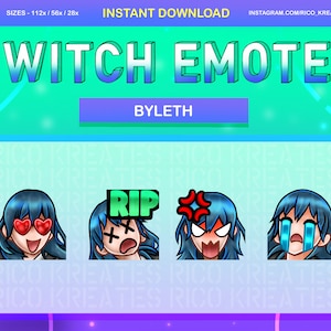 Op de afbeelding: Vier Twitch-emotes met een anime-personage met blauw haar en verschillende uitdrukkingen. De emotes staan in een rij van links naar rechts: hartjesogen, RIP, boos en huilend. De tekst "BYLETH" staat bovenaan de afbeelding.