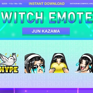 以下が含まれることがあります： さまざまな表情のJun KazamaをフィーチャーしたデジタルTwitchエモート。エモートには、「HYPE」という言葉が入ったハト、泣いている顔、ハート、笑っている顔が含まれています。画像には「TWITCH EMOTES」というテキストも含まれています。