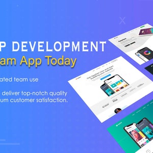 Pode incluir: Uma página inicial de site para uma empresa de desenvolvimento de aplicativos móveis. O texto "MOBILE APP DEVELOPMENT Get Your Dream App Today" é exibido em letras grandes amarelas. Abaixo do texto, há uma descrição dos serviços da empresa. O site também apresenta maquetes de aplicativos móveis.