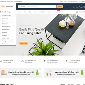 Op de afbeelding: Een website-homepage voor een online winkel die meubels en woonaccessoires verkoopt. De website toont een grote afbeelding van een woonkamer met een bank, een salontafel en planten. De website heeft ook een menubalk met links naar verschillende productcategorie&euml;n, evenals een zoekbalk. De website biedt ook een speciale korting op eettafels.
