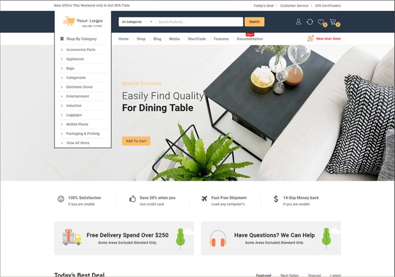 Op de afbeelding: Een website-homepage voor een online winkel die meubels en woonaccessoires verkoopt. De website toont een grote afbeelding van een woonkamer met een bank, een salontafel en planten. De website heeft ook een menubalk met links naar verschillende productcategorie&euml;n, evenals een zoekbalk. De website biedt ook een speciale korting op eettafels.
