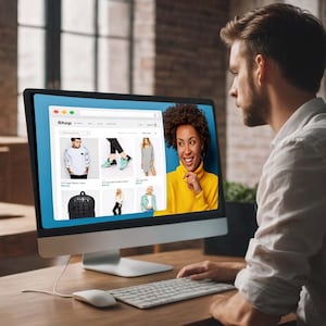 May include: A person is shopping online on a computer. The screen shows a website with a blue background and the word "Shop" at the top. There are several products displayed on the website, including clothing, shoes, and a backpack.