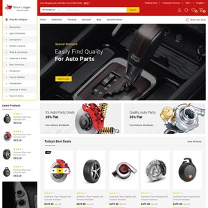 Op de afbeelding: Een website-homepage voor een online winkel die auto-onderdelen verkoopt. De website heeft een bannerafbeelding van het interieur van een auto met een versnellingspook, een speciale kortingsaanbieding voor auto-onderdelen en een sectie die de nieuwste producten presenteert. De website bevat ook een sectie voor de beste deals van vandaag, met een verscheidenheid aan auto-onderdelen, waaronder banden, velgen en turbochargers.