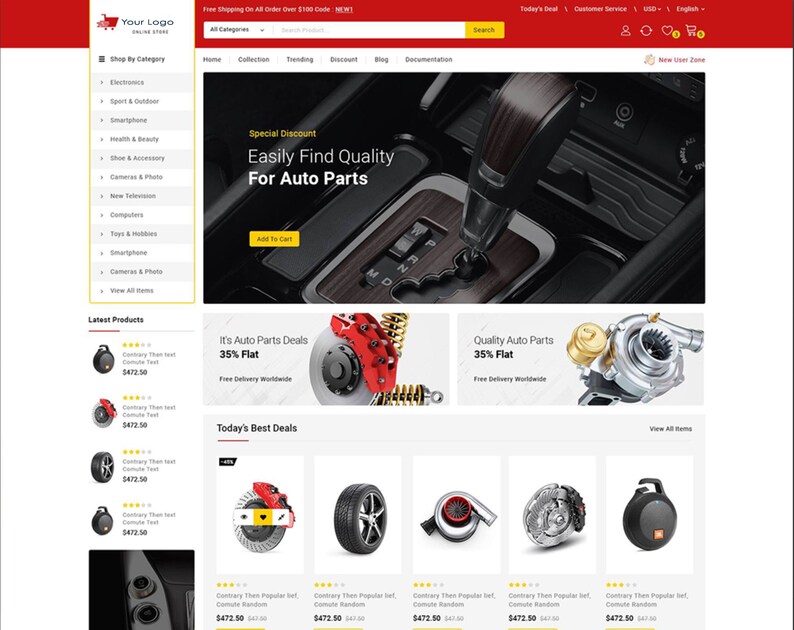 Op de afbeelding: Een website-homepage voor een online winkel die auto-onderdelen verkoopt. De website heeft een bannerafbeelding van het interieur van een auto met een versnellingspook, een speciale kortingsaanbieding voor auto-onderdelen en een sectie die de nieuwste producten presenteert. De website bevat ook een sectie voor de beste deals van vandaag, met een verscheidenheid aan auto-onderdelen, waaronder banden, velgen en turbochargers.