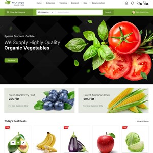 Op de afbeelding: Websitebanner die verse biologische groenten met korting adverteert. De banner toont een rode tomaat, groene basilicumbladeren en zwarte peperkorrels. De tekst luidt "Speciale korting in de aanbieding Wij leveren hoogwaardige biologische groenten Nu kopen".