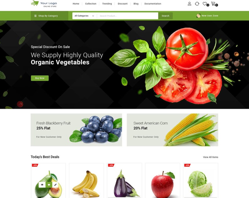 Op de afbeelding: Websitebanner die verse biologische groenten met korting adverteert. De banner toont een rode tomaat, groene basilicumbladeren en zwarte peperkorrels. De tekst luidt "Speciale korting in de aanbieding Wij leveren hoogwaardige biologische groenten Nu kopen".