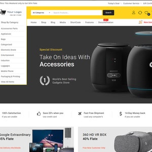 Op de afbeelding: Een website-homepage voor een online winkel die elektronica en gadgets verkoopt. De website heeft een banner met de tekst "Take On Ideas With Accessories" en een speciale kortingsaanbieding. De website toont ook een verscheidenheid aan producten, waaronder een zwarte en grijze VR-headset, een zwarte luidspreker en een zwarte en grijze luidspreker.