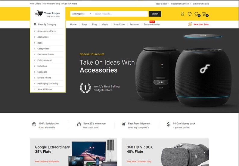 Op de afbeelding: Een website-homepage voor een online winkel die elektronica en gadgets verkoopt. De website heeft een banner met de tekst "Take On Ideas With Accessories" en een speciale kortingsaanbieding. De website toont ook een verscheidenheid aan producten, waaronder een zwarte en grijze VR-headset, een zwarte luidspreker en een zwarte en grijze luidspreker.
