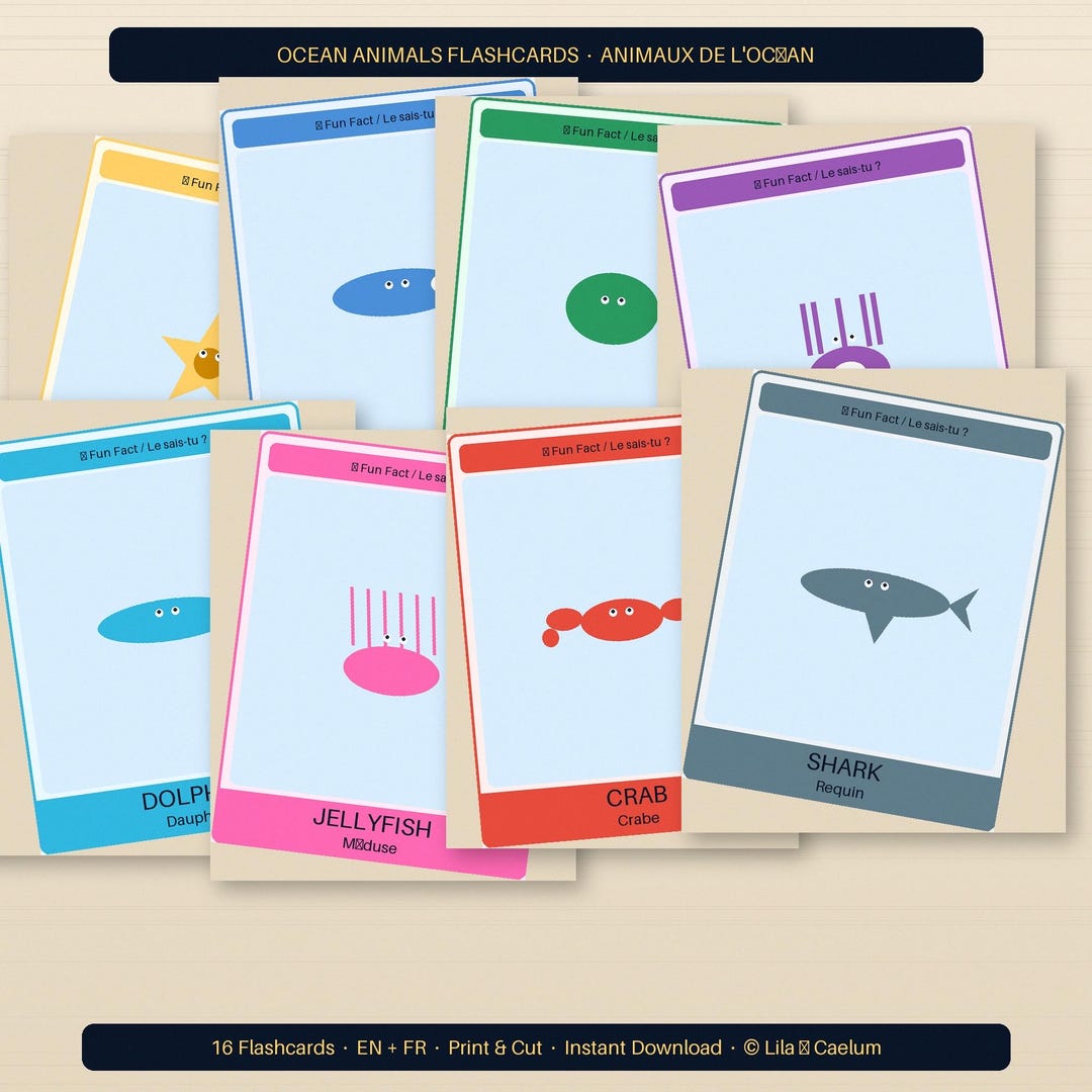 Ocean Animal Flashcards Printable | EN + FR Bilingual | 16 Cards Kids ...
