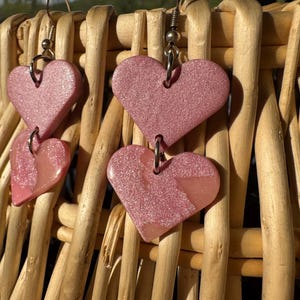 Pink Glitter Heart Earrings - Sparkly Double Heart Dangle Earrings - Valentine&#39;s Day Earrings - Pink Glitter Jewelry - Girly Glitter Earring