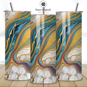 Rainbow Tumbler Wrap Marble Neon Colors and Gold Glitter 20oz Tumbler Sublimation Design PNG, Marble Alcohol Ink Tumbler PNG File