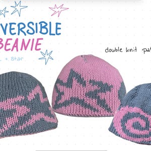 May include: Three reversible beanies featuring a double knit pattern with pink and grey colors. The designs include a large star and a spiral snail motif. Text on the image reads: REVERSIBLE BEANIE, Snail + Star, and double knit pattern.