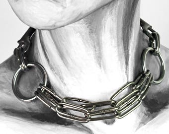 Handgefertigte Edelstahl Kette WARNSCHUSS: Industrial Punk Choker mit Upcycling Leder