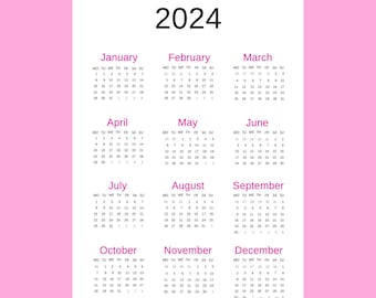 2024 Calendar 12 Month Single Page PDF Instant Download Printable - Etsy