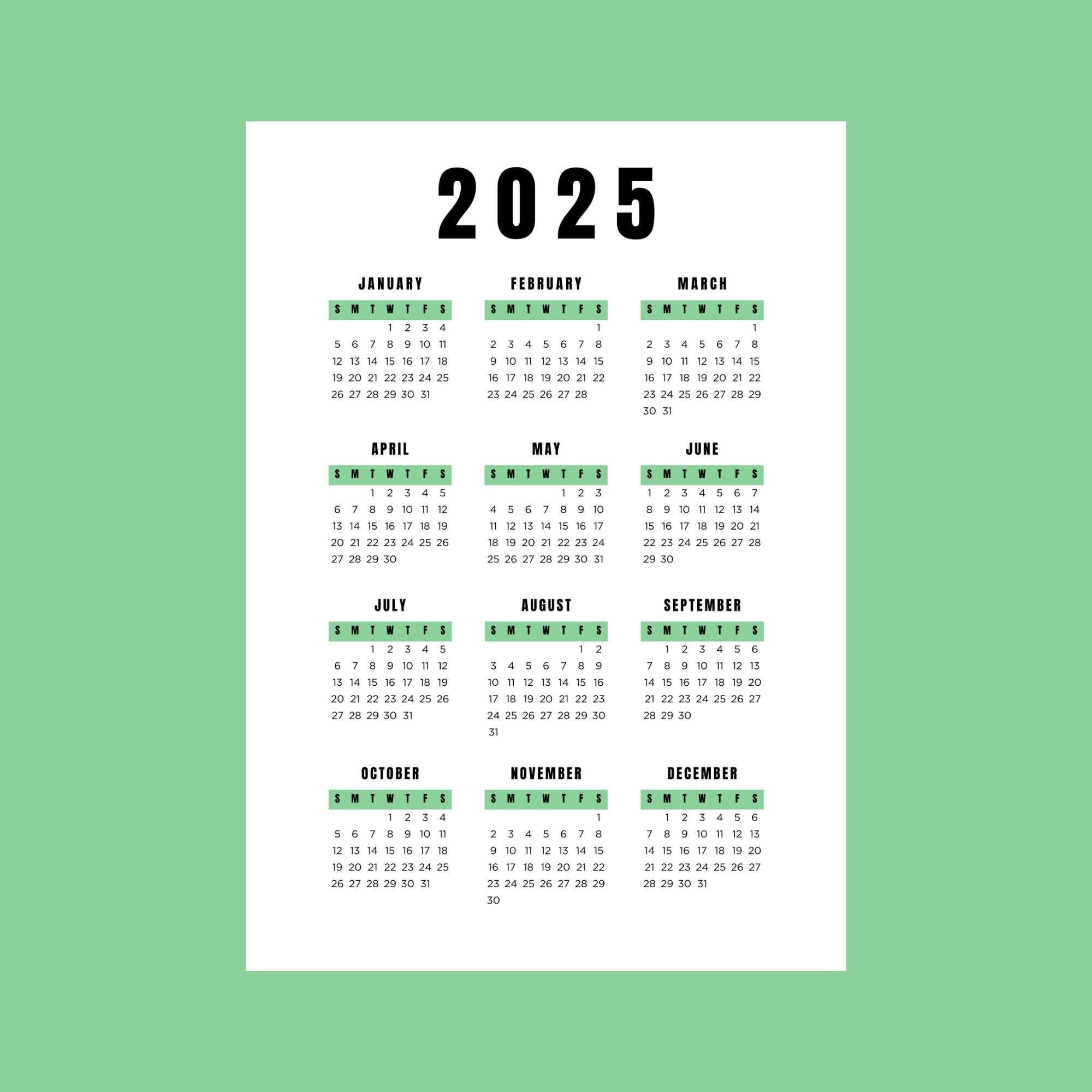 2025 Calendar 12 Month Single Page PDF Instant Download Printable - Etsy