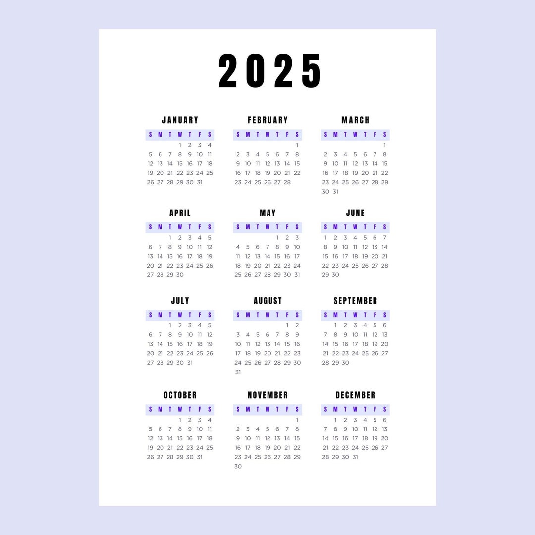 2025 Calendar- 12 Month - Single Page - PDF - Instant Download ...