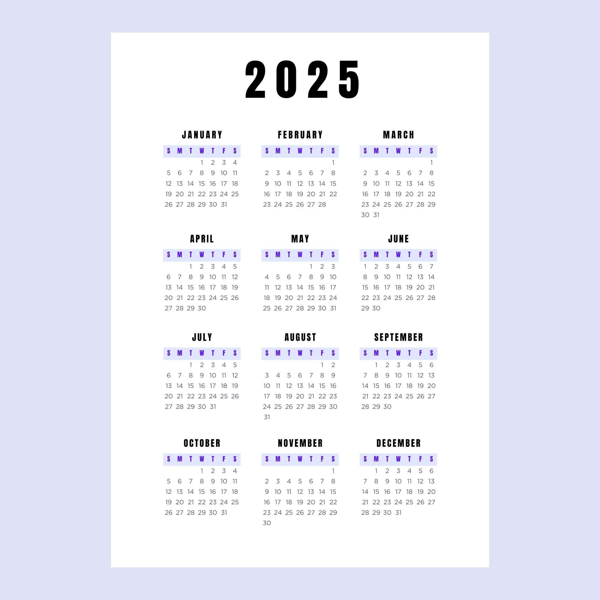 2025 Calendar- 12 Month - Single Page - PDF - Instant Download ...