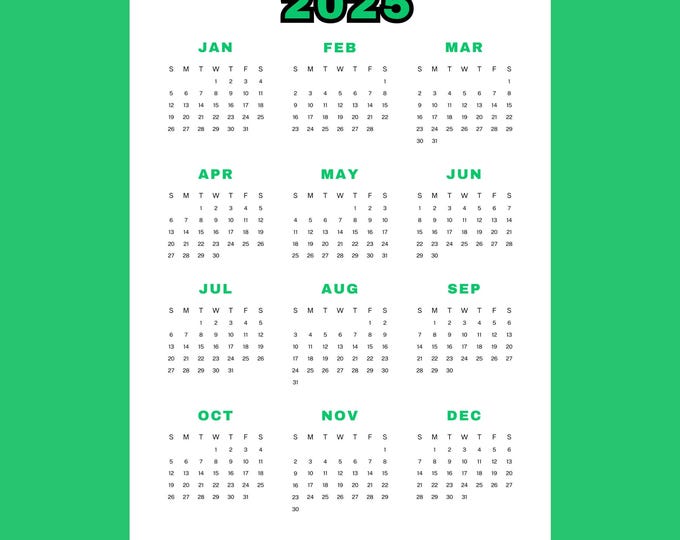 2025 Grüner Kalender 12 Monate Einzelseite PDF Instant Download zum