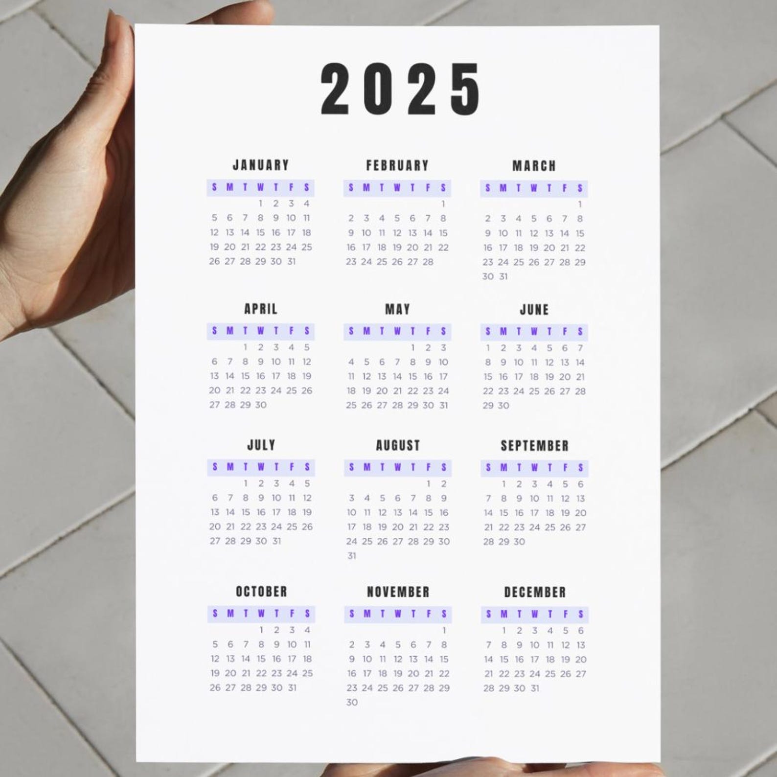 2025 Calendar- 12 Month - Single Page - PDF - Instant Download ...