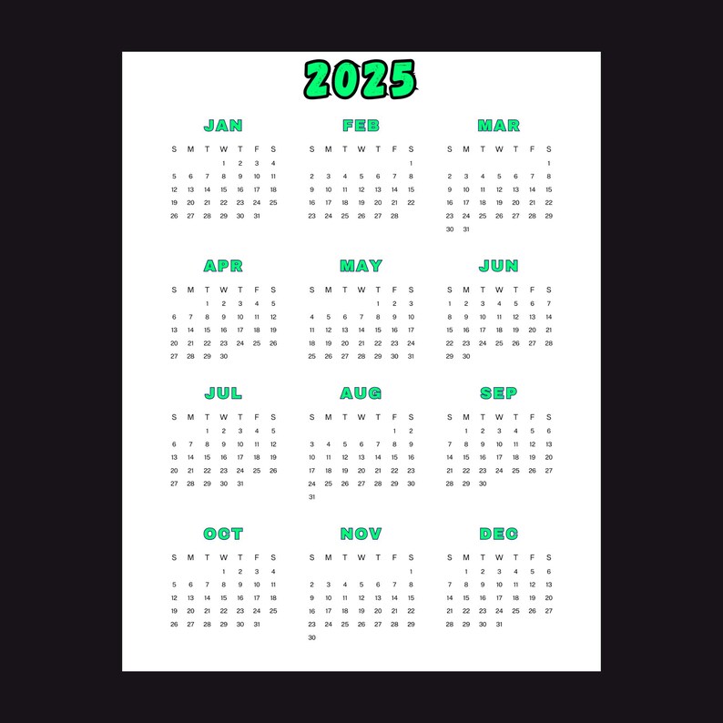 Printable 2025 Calendar - 12 Month Single Page- PDF Format - Instant ...