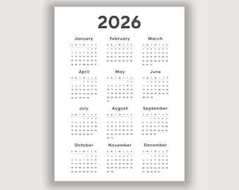 2026 Printable Calendar- 12 Month - Single Page - PDF - Instant Download - Black & White