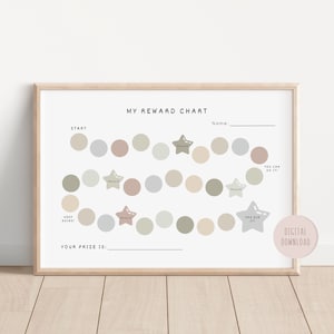 May include: A printable reward chart with a light brown frame. The chart has a light gray background with a light brown, gray, and blue star-shaped path. The text "My Reward Chart" is at the top of the chart. The text "Start" is at the beginning of the path. The text "You Can Do It!" is at the end of the path. The text "You Did It!" is on a star at the end of the path. The text "Keep Going!" is on a star in the middle of the path. The text "Your Prize Is:" is at the bottom of the chart. The text "Name:" is at the top of the chart. The text "Digital Download" is on a pink circle with a white outline.