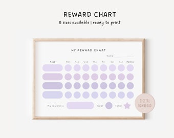 May include: A printable reward chart with a purple and white color scheme. The chart has spaces for a name, task, days of the week, points, goal, total, and a reward. The chart is labeled "My Reward Chart".