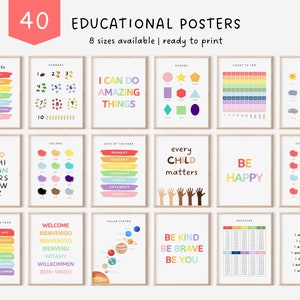 Set of Educational Posters For Kids 40 Homeschool Prints Montessori Classroom Decor Rainbow Toddler Playroom Decor Preschool Poster