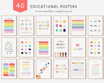 May include: Set of 16 colorful educational posters for kids. The posters feature various topics such as the alphabet, numbers, colors, shapes, days of the week, months of the year, weather, and more. The posters are designed with a bright and cheerful aesthetic, making them perfect for a classroom or playroom.
