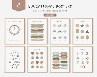 Set of 8 Educational Posters Neutral Kids Decor Montessori Classroom Decor Toddler Playroom Decor Preschool Posters For Kid Homeschool Print