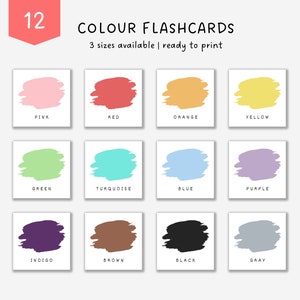 12 flashcards coloridos para impressão, aprendizagem precoce montessori, cartões educativos para crianças, cartões coloridos para jardim de infância