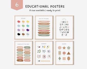 Set of Educational Posters 6 Homeschool Prints For Kids Neutral Decor Montessori Classroom Decor Toddler Playroom Decor Preschool Print