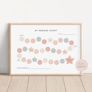 May include: A printable reward chart with a pastel color scheme. The chart features a path of circles with stars to mark progress. The text "My Reward Chart" is at the top of the chart. The text "You Can Do It!" is at the bottom of the chart.