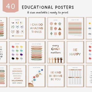 40 carteles educativos, decoración neutra para salas de juegos, impresiones para aulas Montessori, carteles de aprendizaje para la educación en el hogar para niños, citas inspiradoras