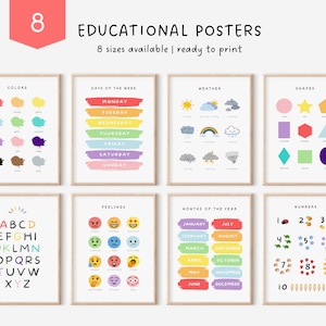 Set of Educational Posters For Kids 8 Educational Playroom Print Homeschool Prints Montessori Classroom Decor Rainbow Nursery Decor