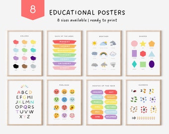 May include: Set of eight educational posters for kids featuring colorful illustrations and text. The posters cover topics like colors, days of the week, weather, shapes, letters, feelings, months of the year, and numbers.