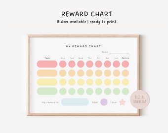 May include: A printable reward chart with a pastel color scheme. The chart has a space for a name, a task, days of the week, and points. There are circles to color in for each day of the week. The chart also has a space for a reward, a goal, and a total.
