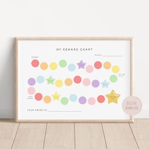 May include: A printable reward chart with a colorful rainbow path and stars. The chart has a space for a name, a section for a prize, and the text "You can do it!" and "Keep going!"