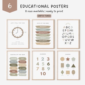 Conjunto de carteles educativos 6 impresiones de educación en el hogar Montessori decoración del aula decoración de la sala de juegos para niños pequeños cartel preescolar imprimibles tonos tierra